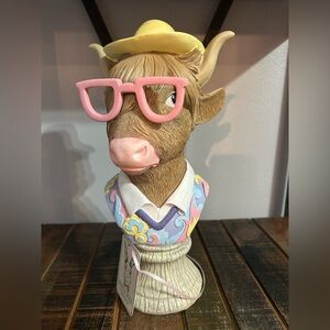 Bunny & Bean Highland Cow With Glasses Bust Figurine Shabby Chic Farmhouse New